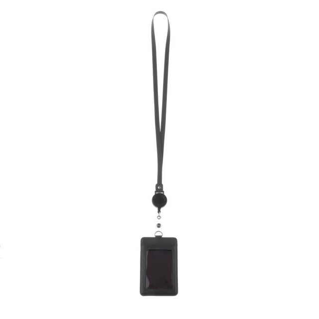 TISHITA 2-Sided Vertical Pu Leather Badge Card Holder Neck Strap Lanyard Black 2