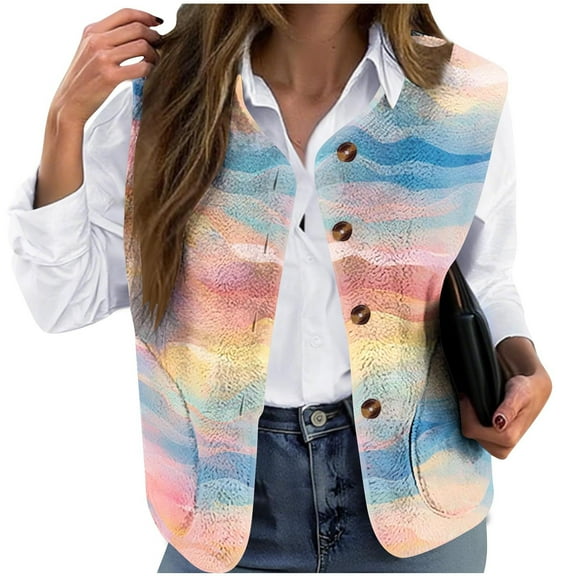 ZQUUVOU Women's Fleece Vest Fall Winter Plaid Gradient Plus Size Button Vest Sleeveless Trendy Jacket Casual Winter Coats Multicolor B