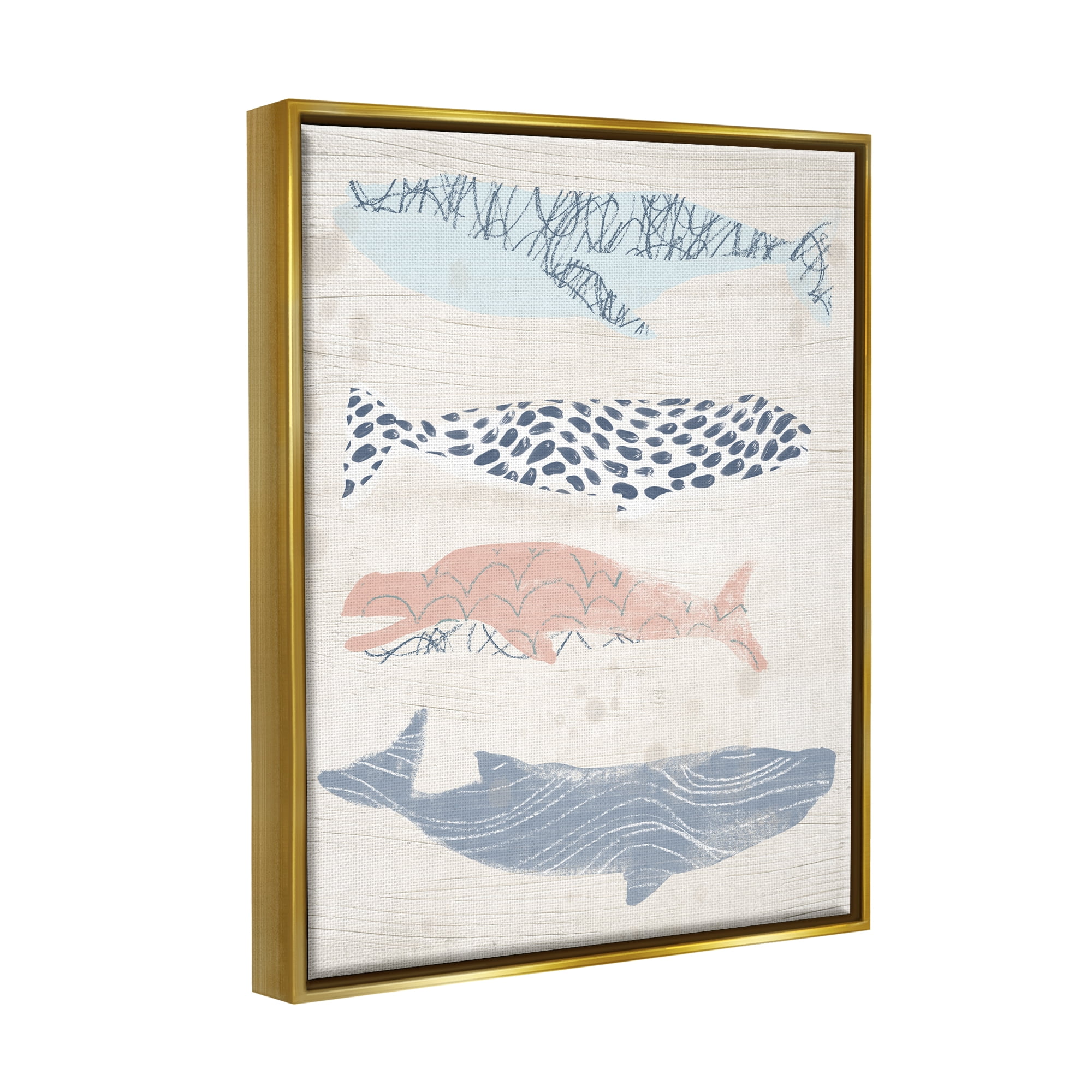 Stupell Industries Rustic Patterned Whales Animals & Insects Painting Gold Floater Framed Canvas Art Print Wall Art, 17 x 21