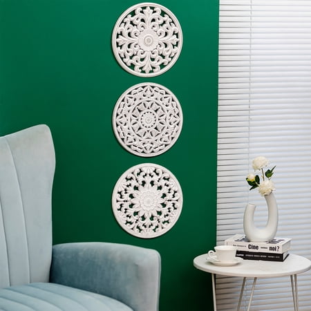 HANOBE WHITE WALL DECOR CARVED MEDALLION – RUSTIC WOOD WALL ART DECORATIVE DISTRESSED HANGING DECORATIONS FARMHOUSE HOME DECORATION FOR LIVING ROOM BEDROOM KITCHEN BATHROOM SET OF 3