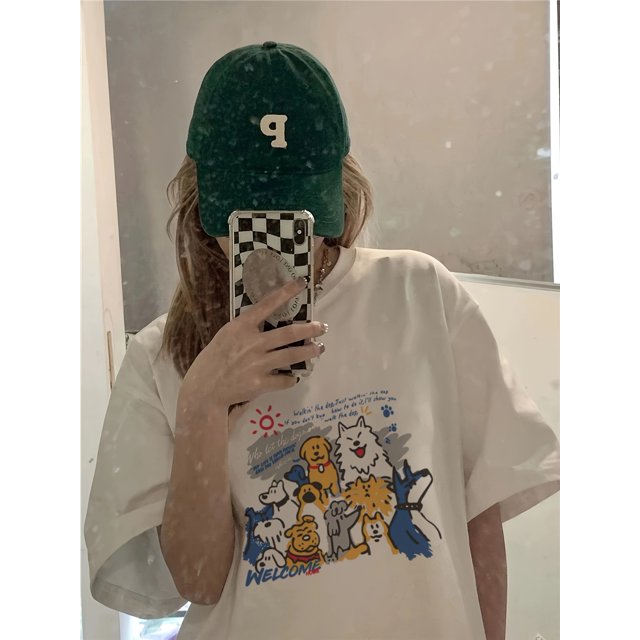Women's Regular Size Cartoon Print T-Shirt - Fun Y2K Style, Soft, Short Sleeve, Loose Fit, Machine Washable, White with Colorful Character Design, All Season Fashion | Fun Casual Top | Stylish Comfor