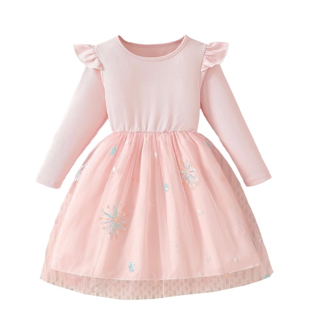 Vestido de cuello redondo y manga larga para niñas Vestido de cuello redondo y manga larga para niñas Falda de malla elegante Vestido de princesa elegante para niñas pequeñas Vestido de poliéster para