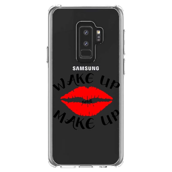 DistinctInk Clear Shockproof Hybrid Case for Samsung Galaxy S9  PLUS (6.2" Screen) - TPU Bumper Acrylic Back Tempered Glass Screen Protector - Wake Up and Make Up