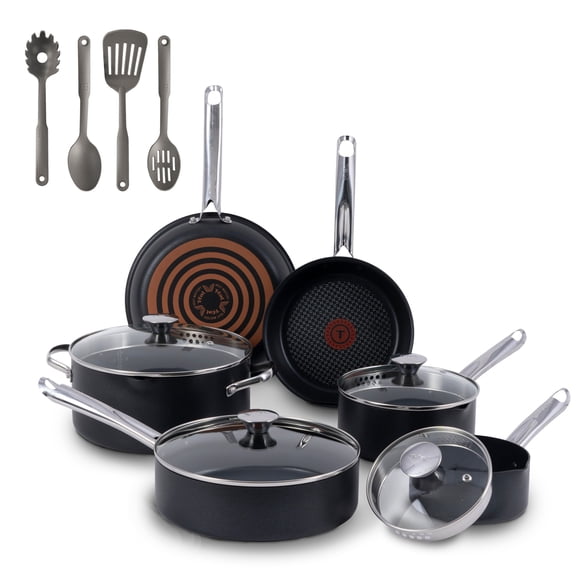 T-fal Cook & Strain Non-stick, 14 Piece Pots and Pans Cookware Set, Black