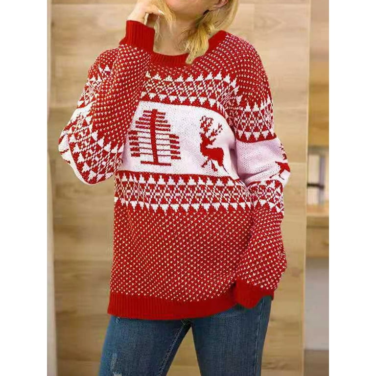 Mubineo Women's Christmas Sweaters Long Sleeve Round Neck Reindeer  Geometric Print Pullover Casual Knit Tops