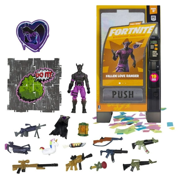 Fortnite Vending Machine, Featuring 4” Fallen Love Ranger Action Figure, Including 9 Weapons, 4 Back Blings, and 4 Building Material Pieces