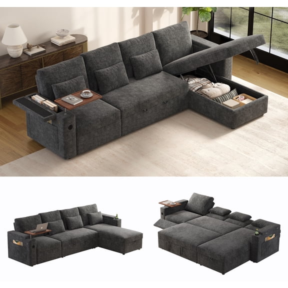 LLappuil 108" Sectional Sofa, Oversized Sectional Couch with Pull Out Sofa Bed, Chenille Sofa Couch Convertible Sofa Bed with Recliner Chair, Small Tabletop, Storage Chaise for Living Room