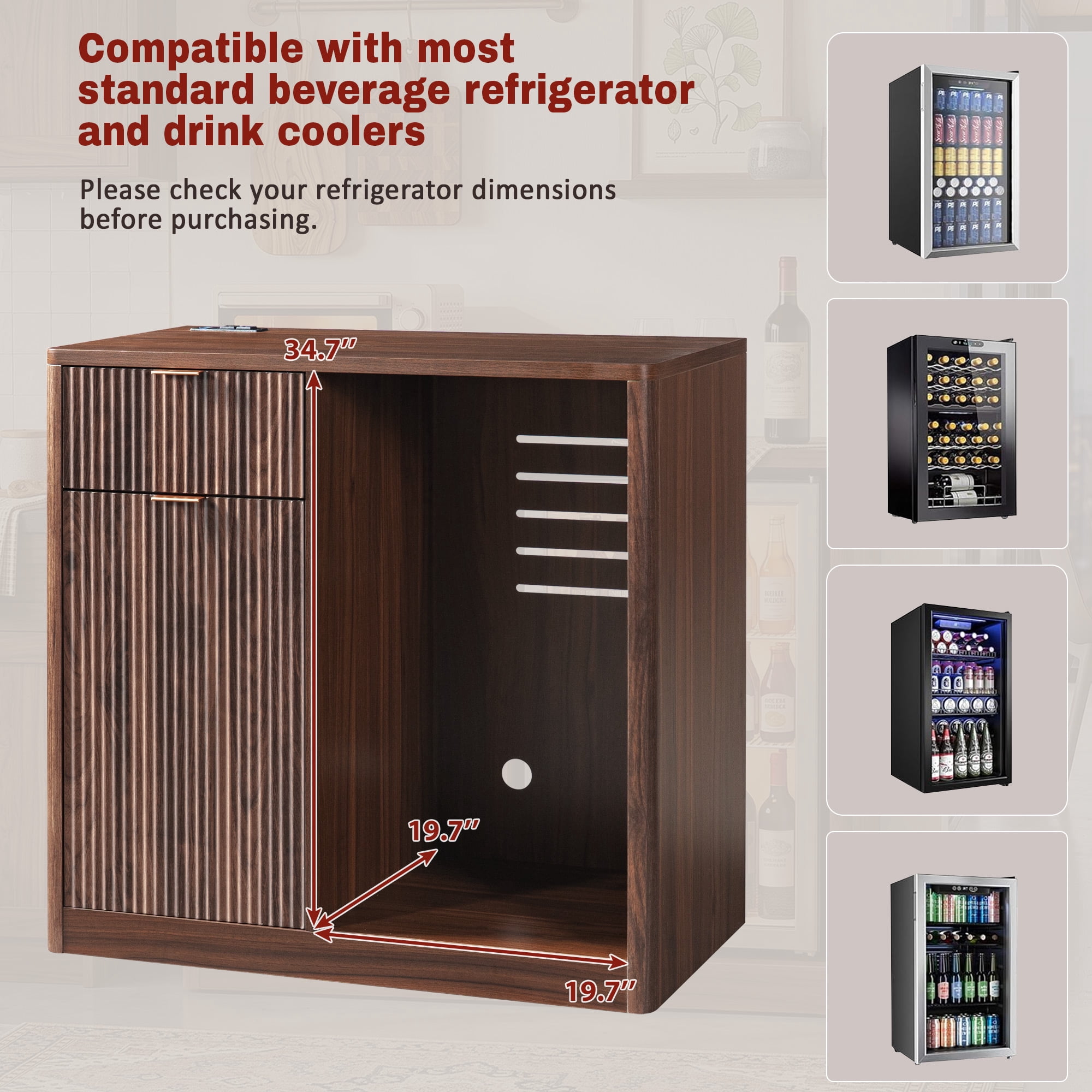 Mintazer 39" Modern Fluted Coffee Bar Cabinet with Fridge Space & Charging Station, Sideboard Beverage Station with Wine Glass Rack & Adjustable Shelves for Dining Room Living Room Apartment, Walnut