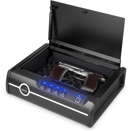 LHTERGun Safe Quick Access with Biometric Fingerprint Identification & Password & Backup Keys Heavy-Duty Steel Pick-Proof Gun safe for 2 Pistols for Home Auto Open Lid DOJ Approved