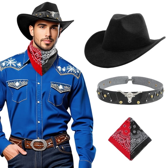 Wowstyle 2-Piece Cowboy Hat & Bandana Set for Men Women, Felt Western Cattleman Hat with Wide Brim, Adjustable Hat Band Rodeo Costume Festival, Black