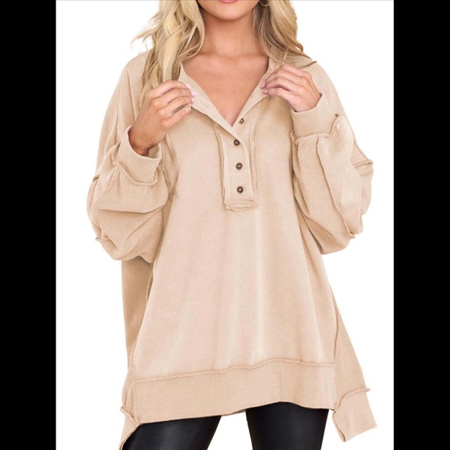 Sudadera para Mujer, Estilo Informal, de Larga, con Botones y Cuello Henley, Estilo Túnica, para Otoño. Albaricoque M