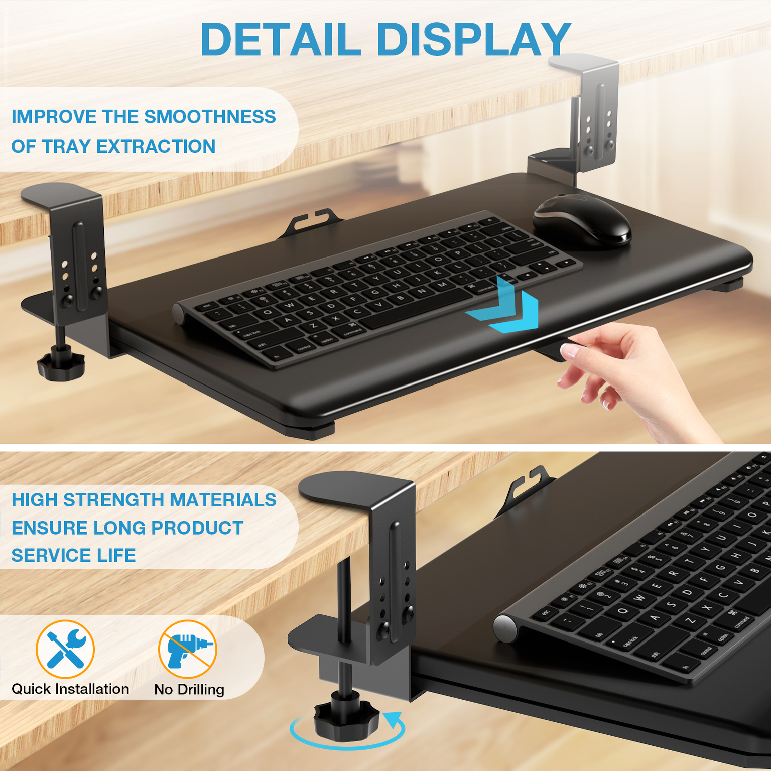 TAVR Furniture Adjustable Keyboard Tray Under Desk Pull Out with C-Clamp, 20x13 inch Keyboard & Mouse Tray, Black