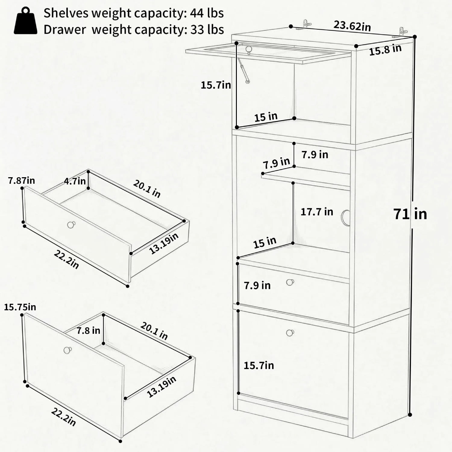 71" Tall Kitchen Pantry Cabinet, Extra Deep 15" with Microwave Stand, 2 Drawers & Open Shelf, Freestanding Anti-Tip Organizer for Kitchen