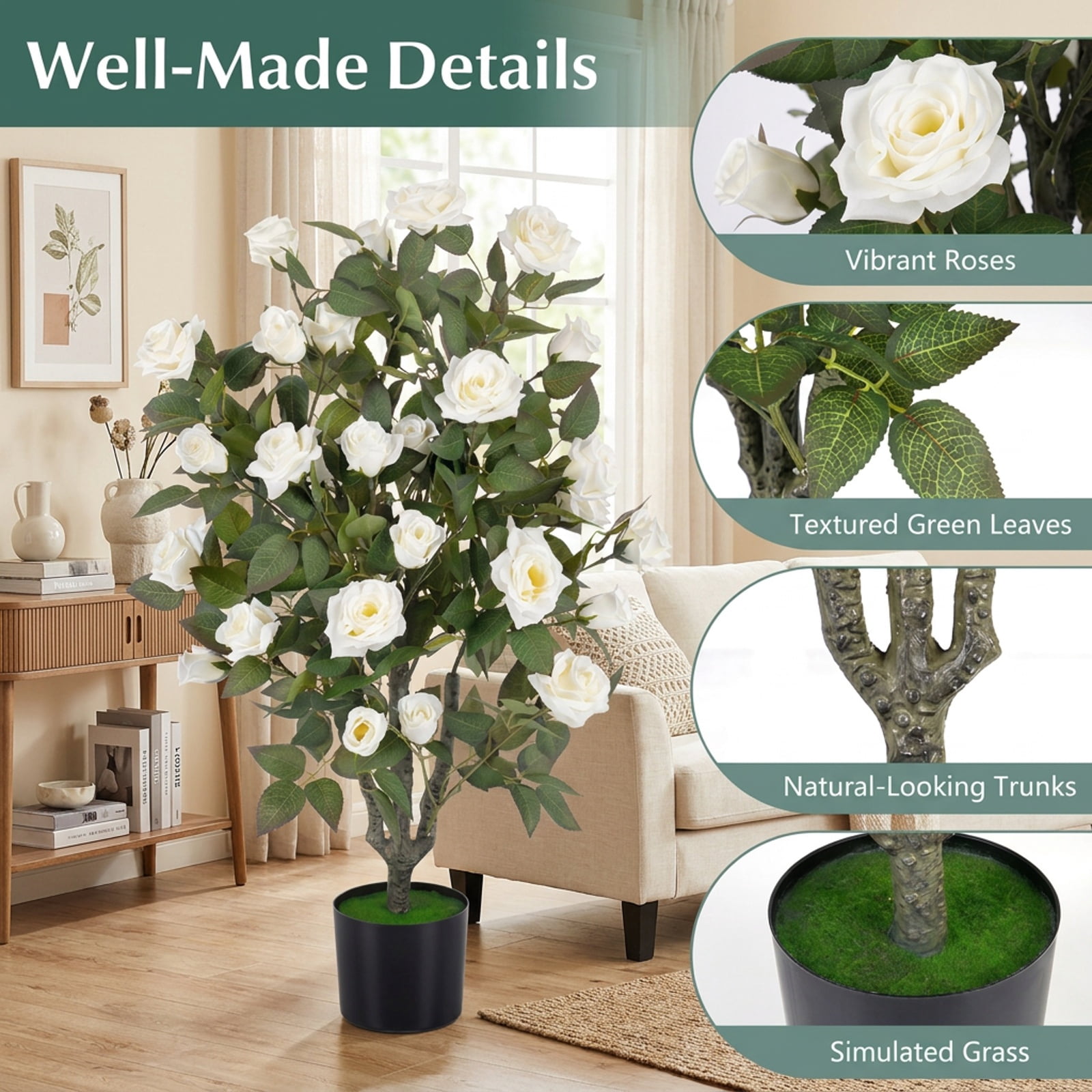 Vebreda Artificial Plant Decor, Set of 2 Artificial Rose Tree with Blooming Flowers and Green Leaves for Indoor, Beautiful & Lifelike Rose Tree