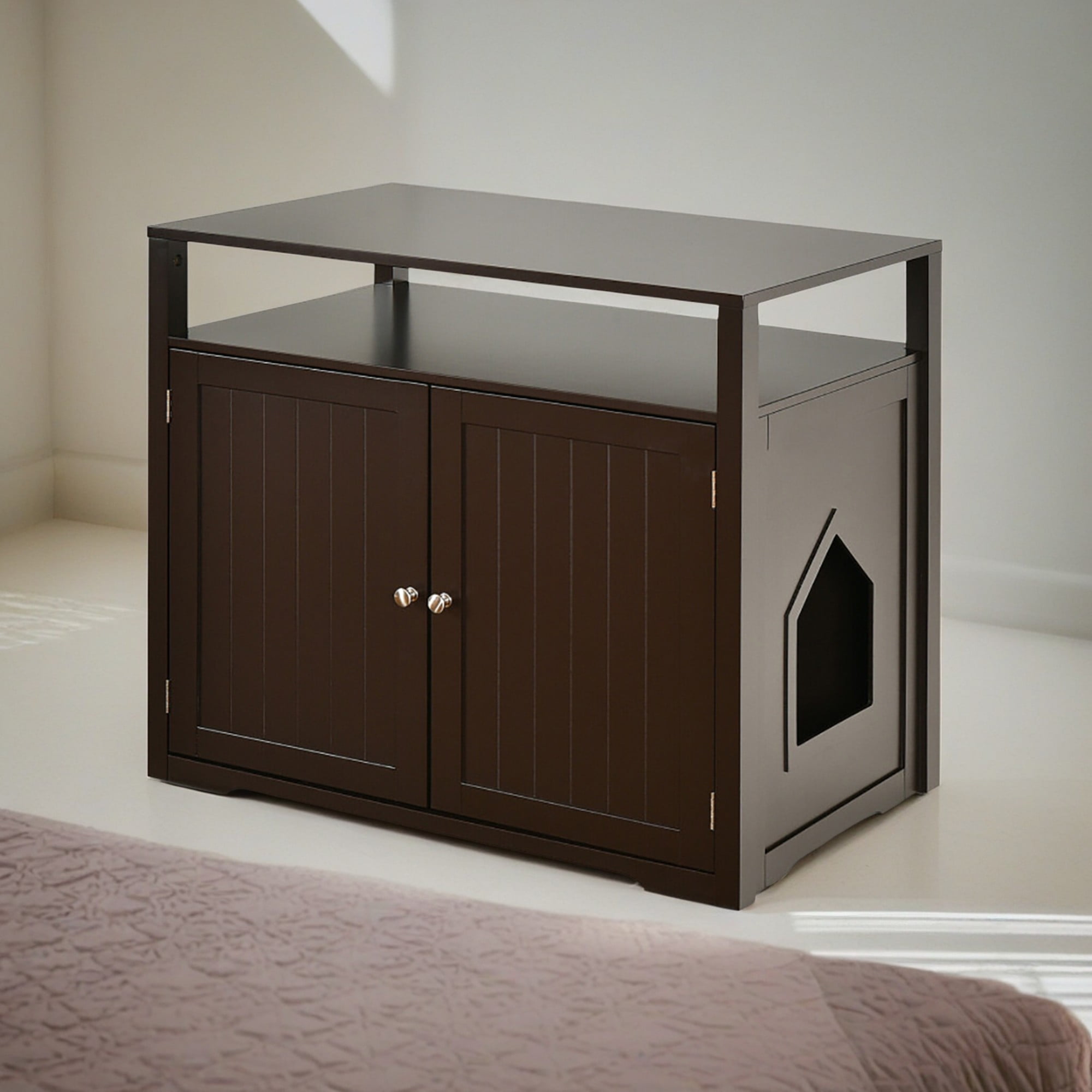 Kadyn 31" Wooden Hidden Cat Litter Box Enclosure Furniture, Cat Washroom with Storage Layer, Cat House for Large Cats, Brown