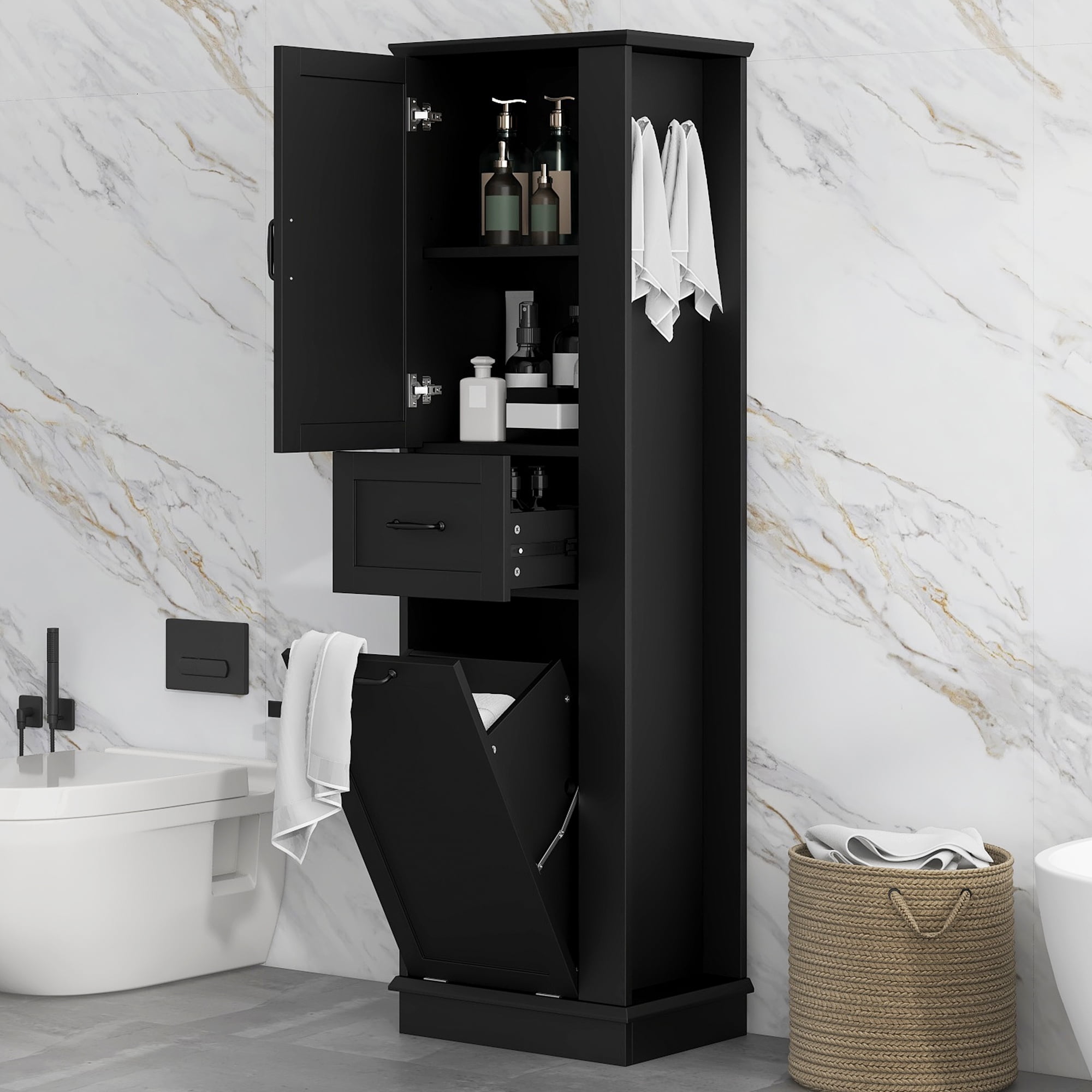 Euroco Modern Tall Storage Cabinet – Tilt-Out Compartment, Adjustable Shelves, 80LBS Capacity, Soft-Close Hinges, Aluminum Alloy Handles, Perfect for Bathroom & Home Organization