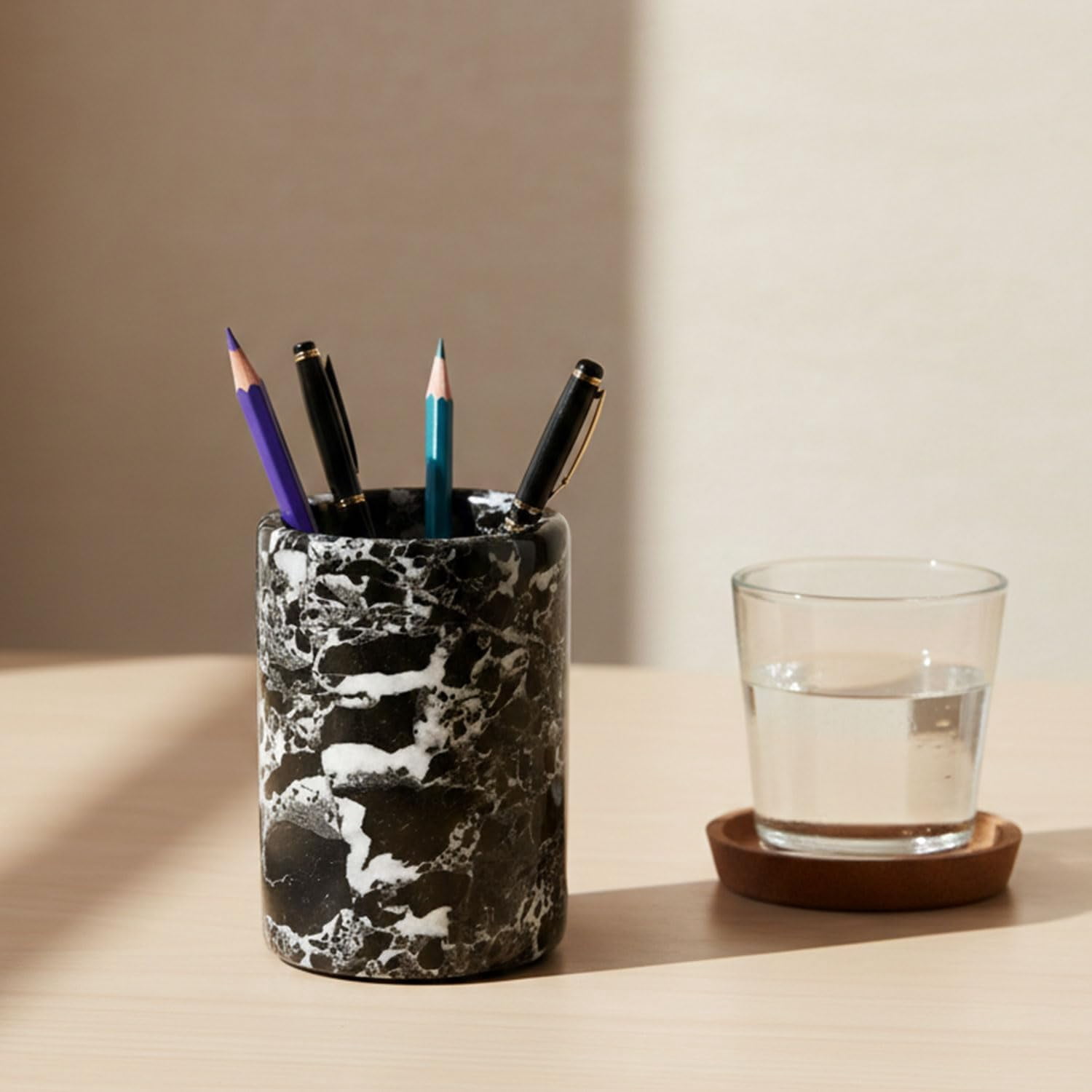 Radicaln Black Marble Stationary Holder 4" – Pencil Stand for Desk, Makeup Brush Holder, Toothbrush Organizer, Office Supplies Caddy, Minimalist Décor