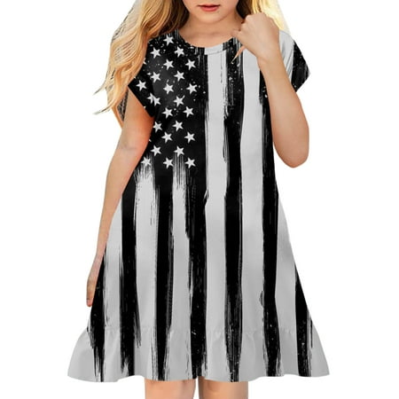 

kpoplk Girls Dresses Girls 4th of July Dress Toddler Girl American Flag Sundress Stripe Stars Dresses Kids Patriotic Clothes(Grey 5-6 Y)