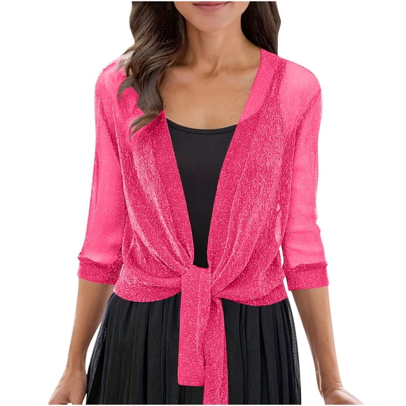 Women's Metallic Glitter Sheer Shrug - 3/4 Sleeve Tie Front Evening Wrap for Dresses, Lightweight Sparkling Bolero Beach Cover-Up