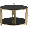 thumbnail image 2 of 31.5" Glass Coffee Table with Storage, Circle Center Table with Shelf, 2 Tier Round Coffee Table for Living Room Modern Black Mirror Coffee Table, Circular Metal Drum Base, Gold Finish & Lower Shelf, 2 of 8