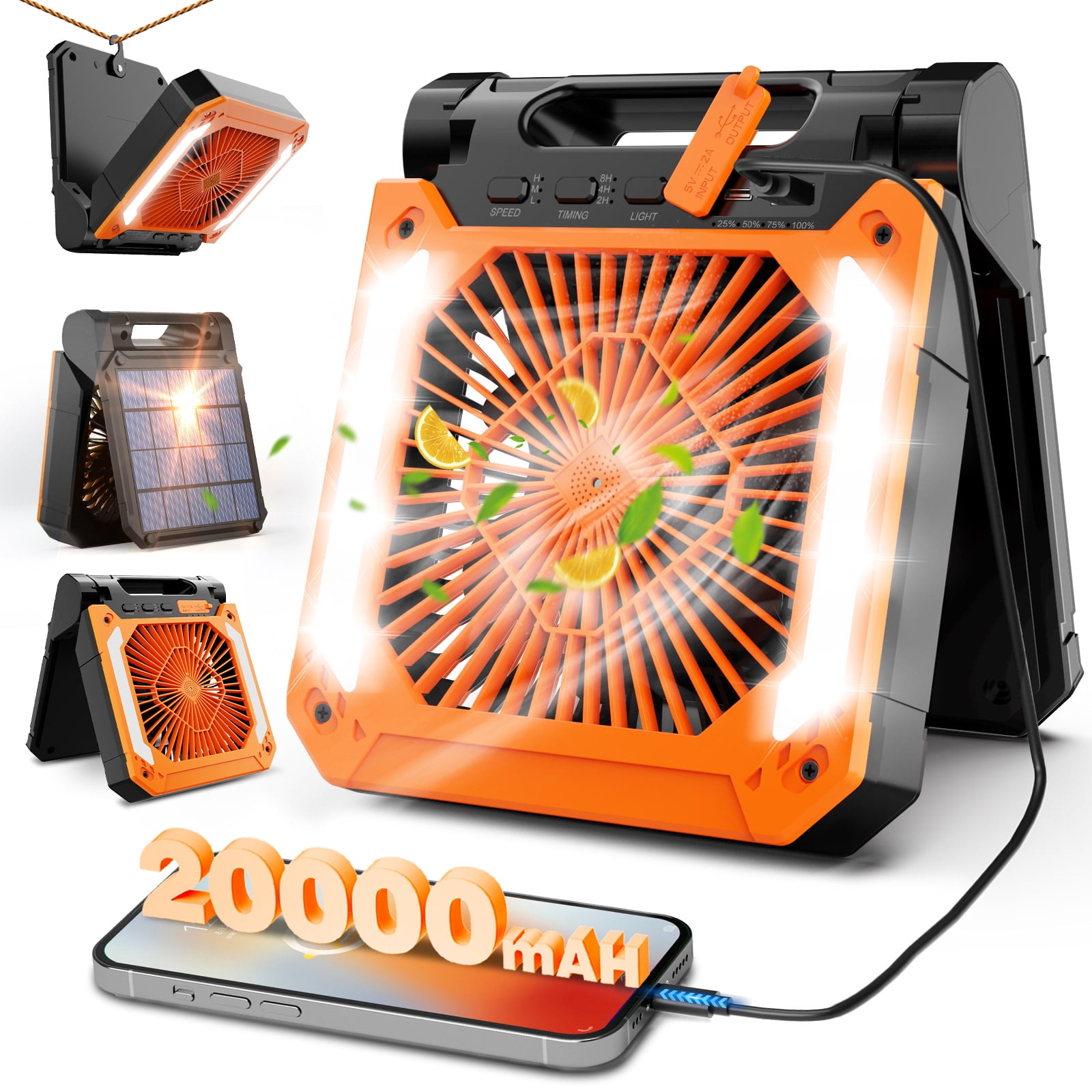 Veubew Camping Fan,Battery Operated Fan,20000mAh Rechargeable Personal Fan with Outdoor LED Light,Solar Charging,3 Speed,3 Timers Pivot 90°,Maximum Battery Life 16H for Office,Bedroom,Works