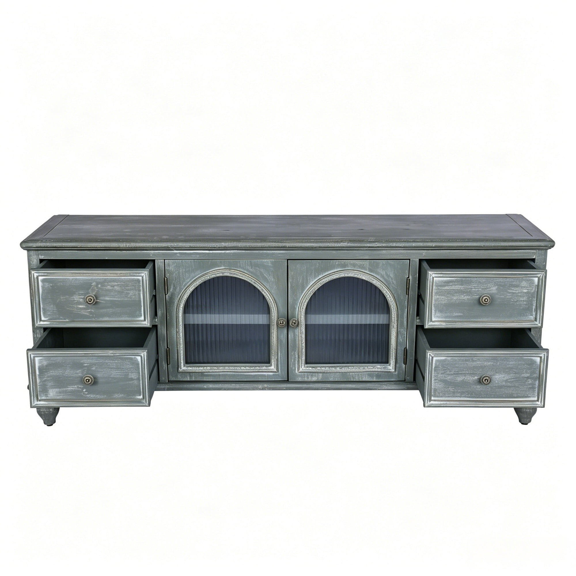 DEALTOPS 60 Inch Farmhouse TV Stand with 4 Drawers & 2 Glass Doors, Rustic Media Console – Weathered Oak