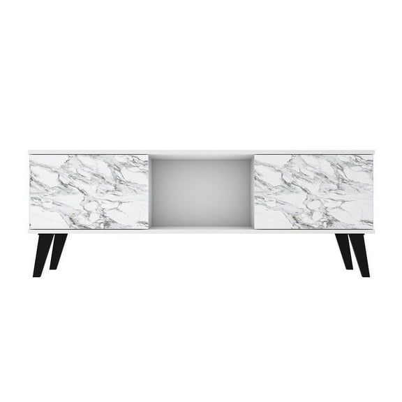 Manhattan Comfort Doyers 53.15 Mid-Century Modern TV Stand in White and Marble Stamp