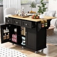 thumbnail image 1 of Kitchen Island Cart with Rubber Wood Drop-Leaf Countertop, 5-Wheel Rolling Island with Internal Storage Racks, Cabinet and 3 Drawers for Dining Room Kitchen, 1 of 14