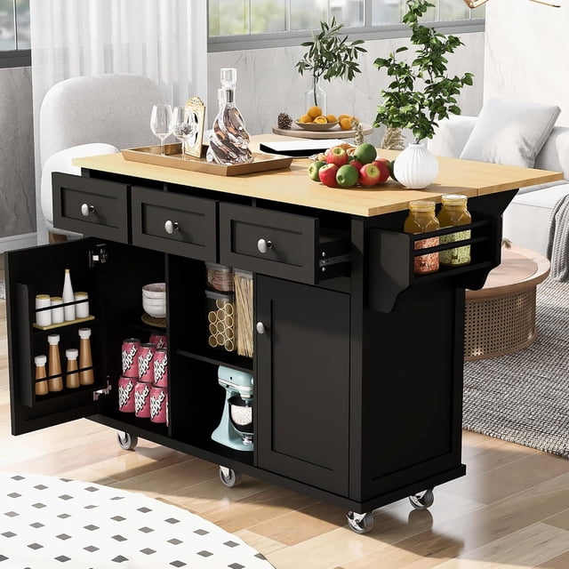 Kitchen Island Cart with Rubber Wood Drop-Leaf Countertop, 5-Wheel Rolling Island with Internal Storage Racks, Cabinet and 3 Drawers for Dining Room Kitchen