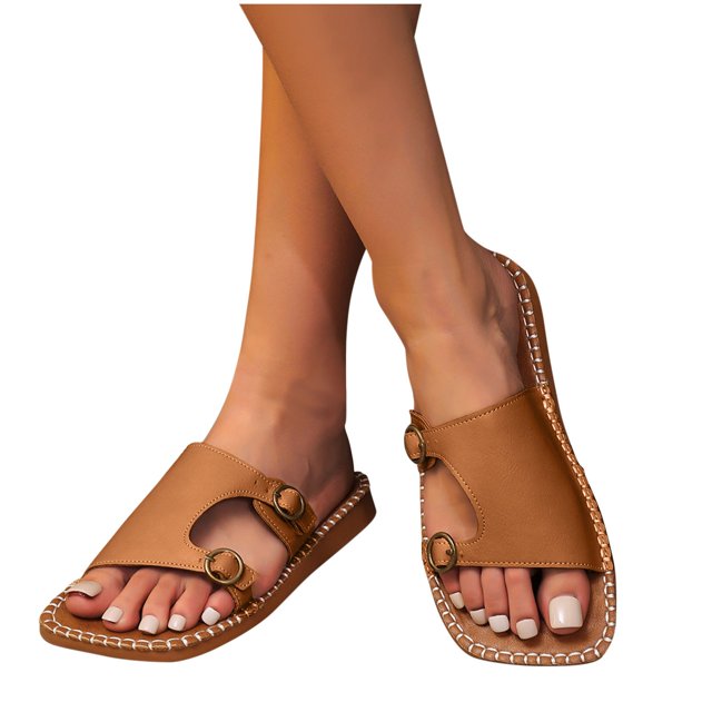Slides for Women Open Square Toe Side Cutout Double Buckle Decor Non Slip Breathable Summer Leather Sandals Brown