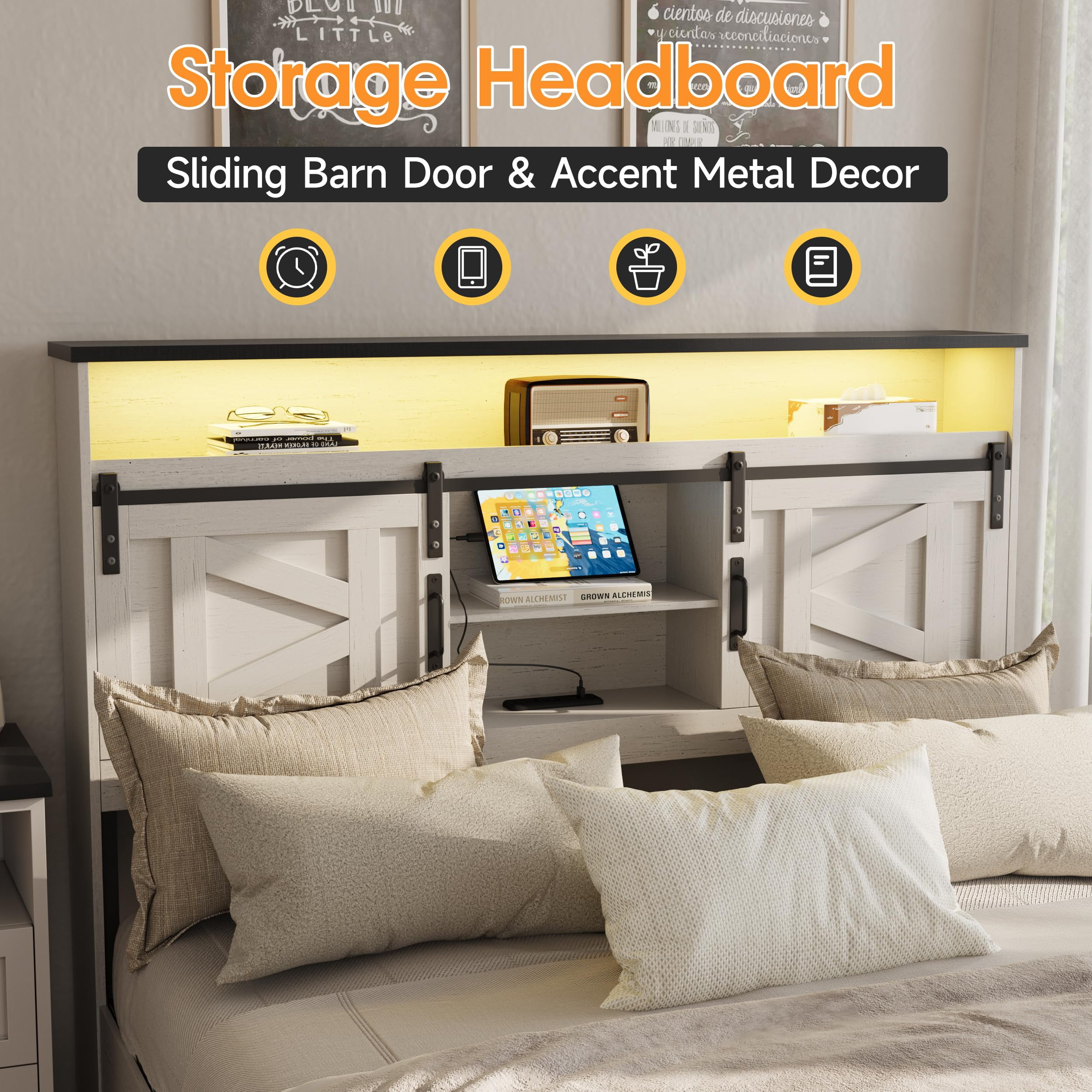 Vabches Farmhouse Full Size Bed Frame with 4 Drawers and Bookcase Headboard,Sliding Barn Door Platform Bed with LED Light & Power Outlets, Antique White