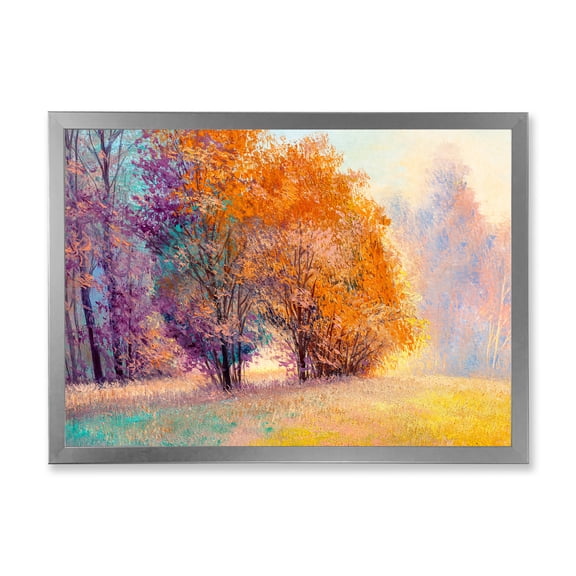 Designart 'Autumn Forest Orange Leaves Landscape' Lake House Framed Art Print