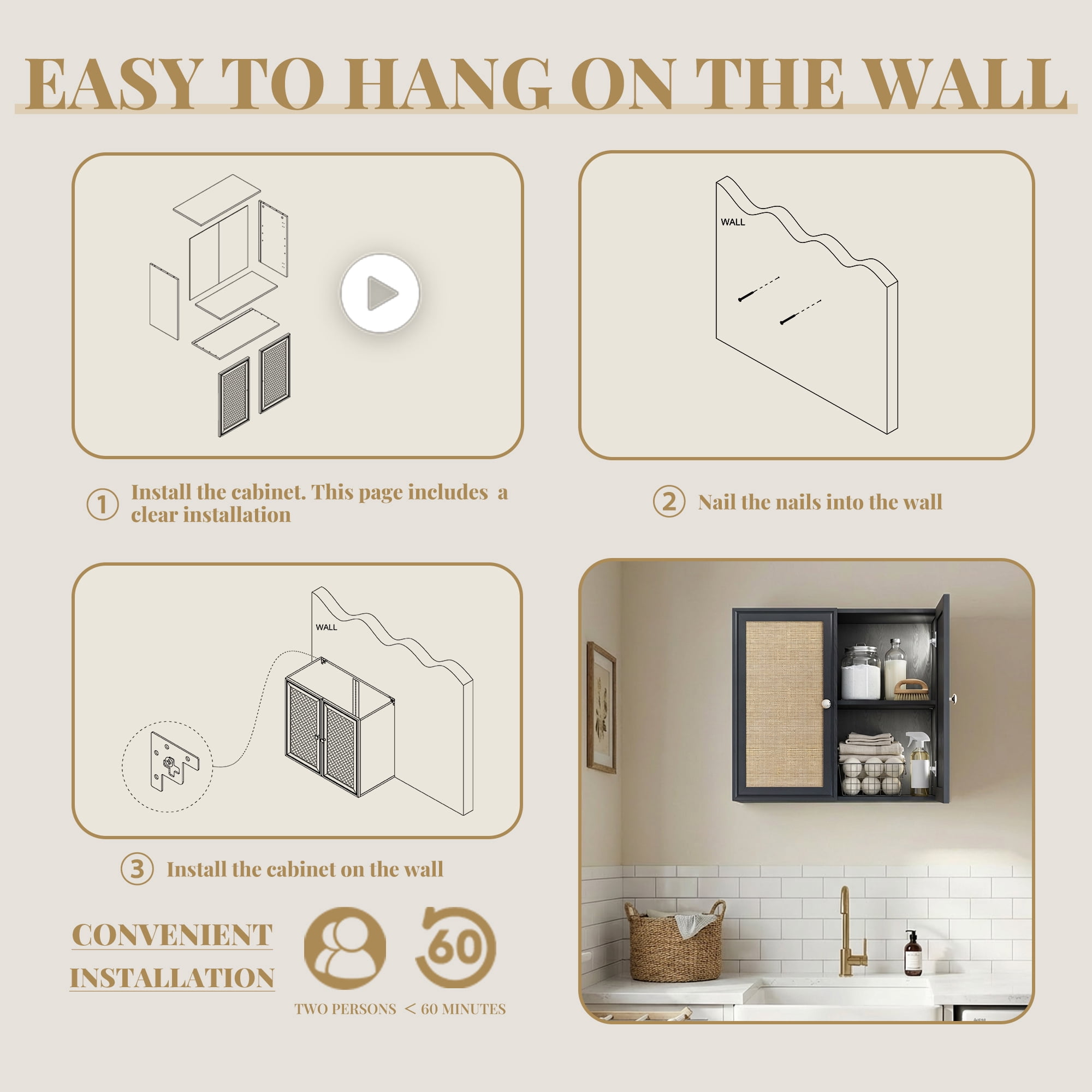 Rattan Laundry Room Cabinets, Bathroom Cabinets Wall Mounted with Adjustable Shelves