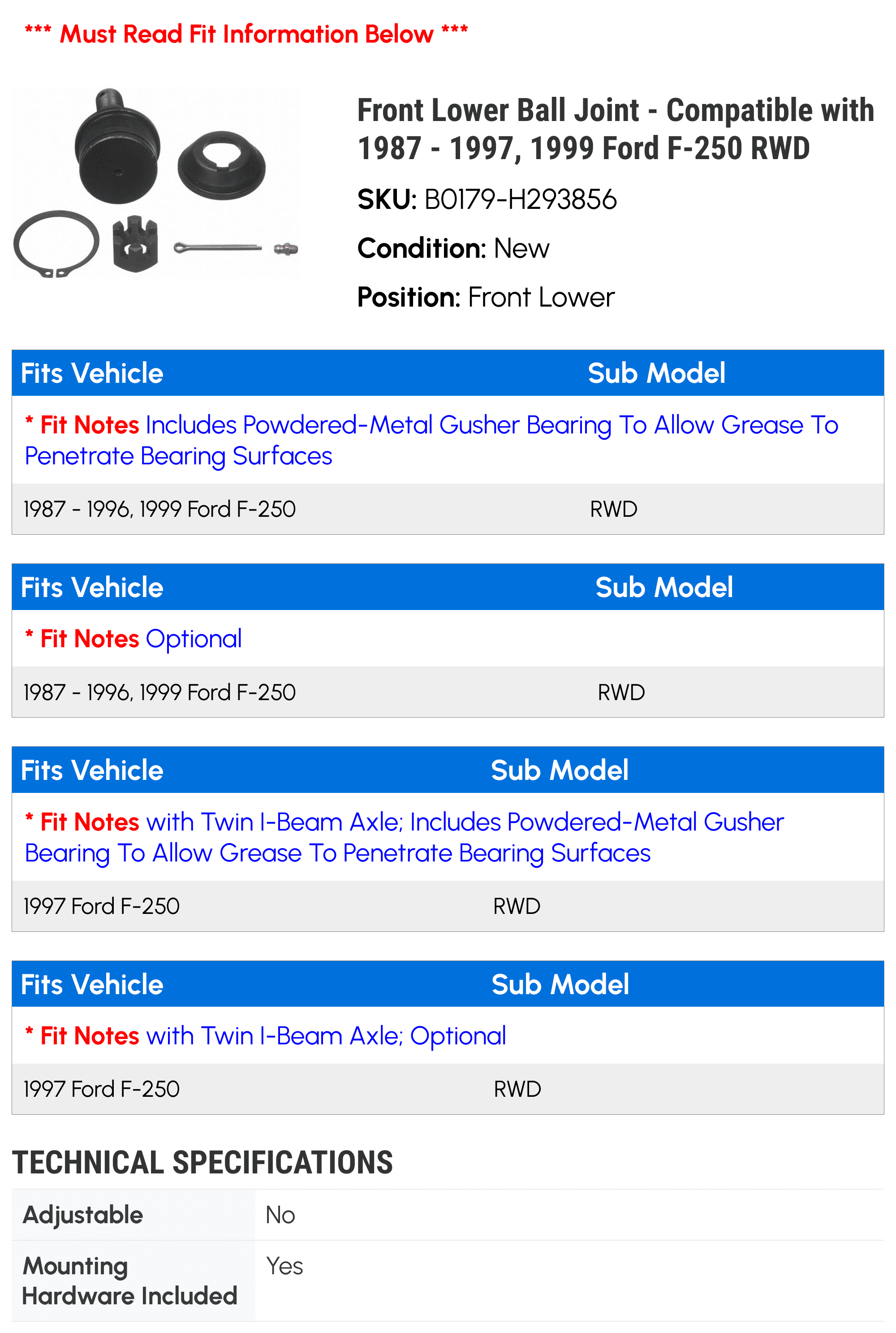 Front Lower Ball Joint - Compatible with 1987 - 1997, 1999 Ford F-250 RWD 1988 1989 1990 1991 1992 1993 1994 1995 1996