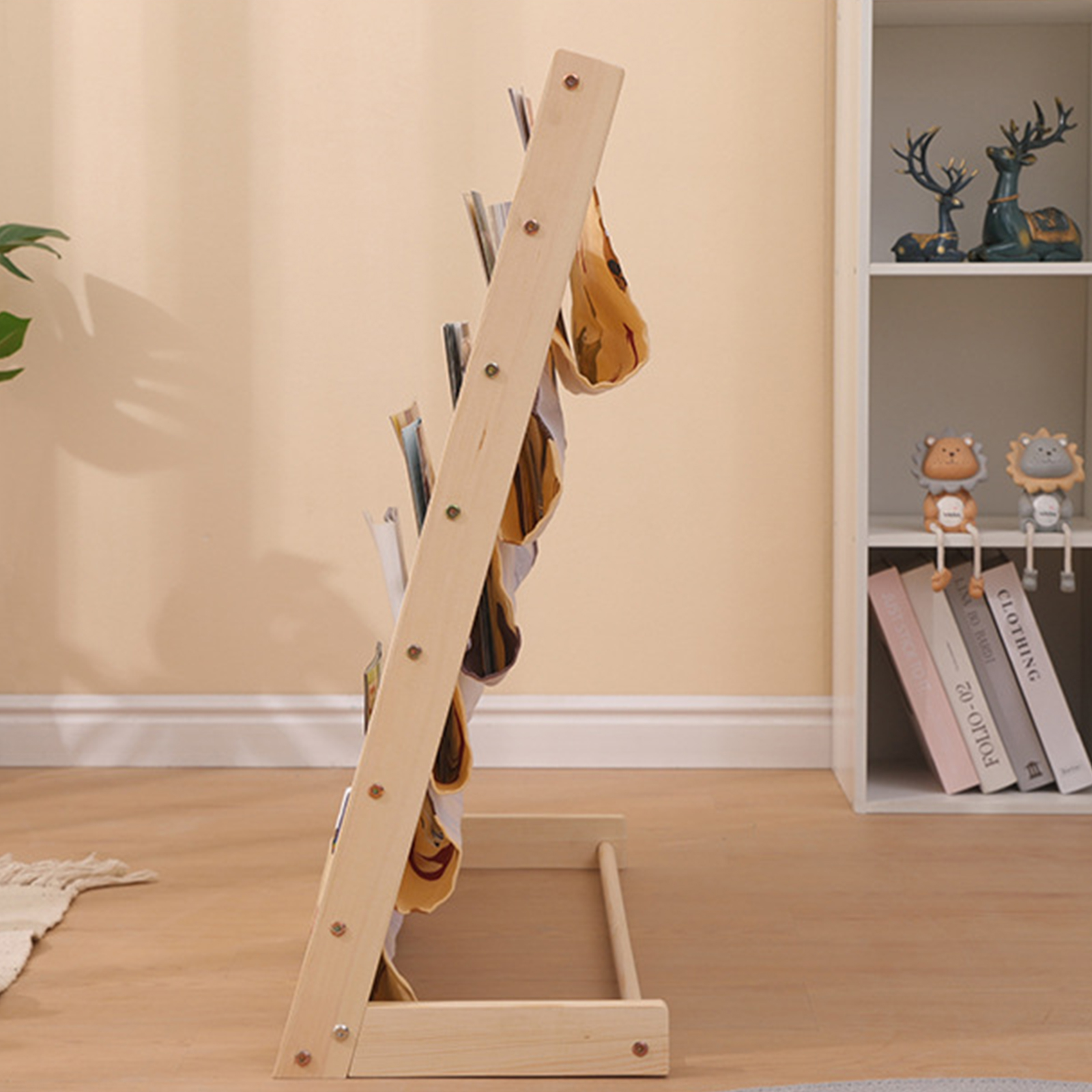 7 Tiers Wooden Kids Book Rack Storage Bookshelf Kids Canvas Sling Bookshelf Natural Beige for Kids Bedroom Playroom 29.5x11.8x31.5inch