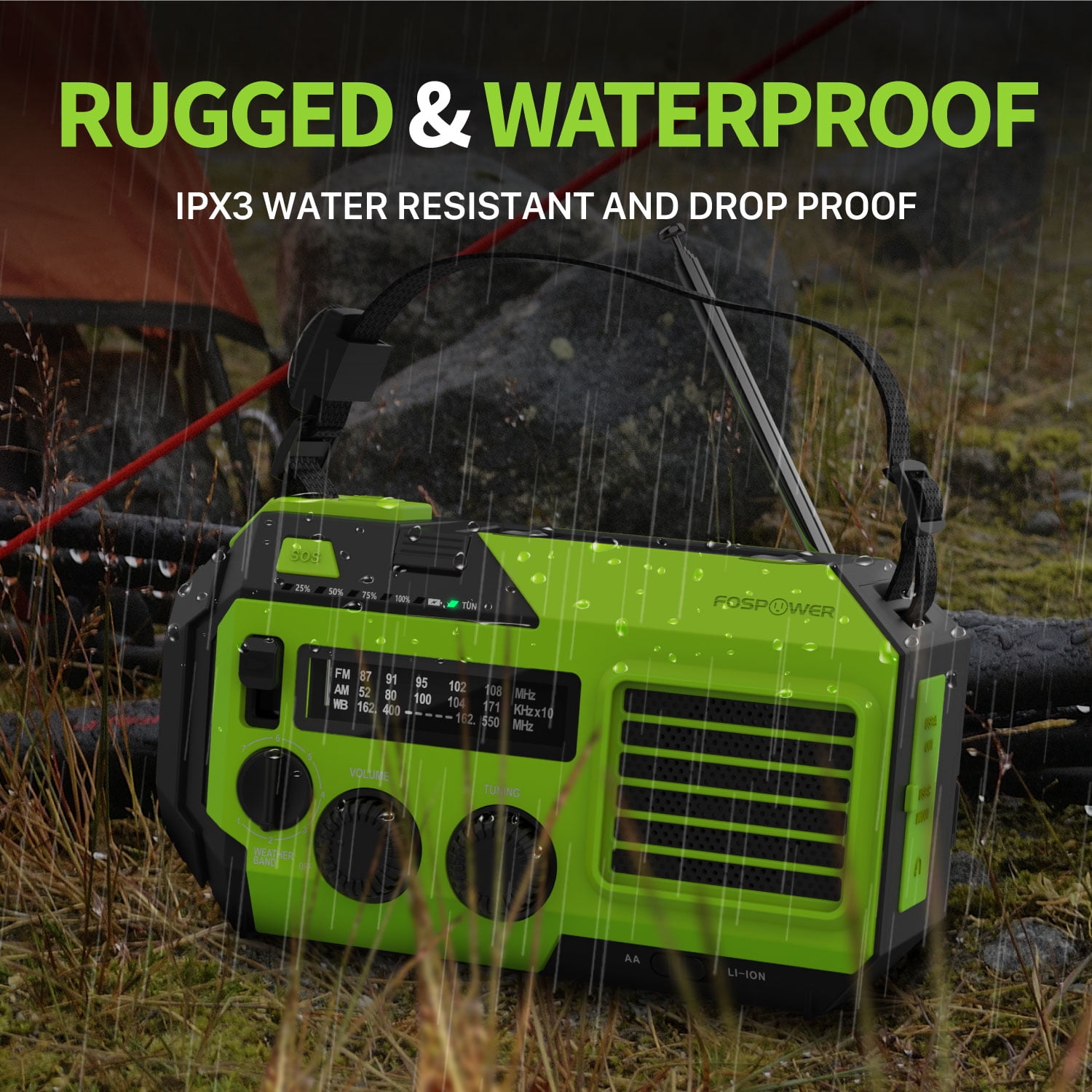 FosPower 5200mAh Emergency Radio (Model A6) NOAA Weather Alert Radio & Power Bank with IPX3 Rating, Solar Charging, Hand Crank, SOS, AM/FM/WB & LED Flashlight for Emergency Kit, Power Outages - Green