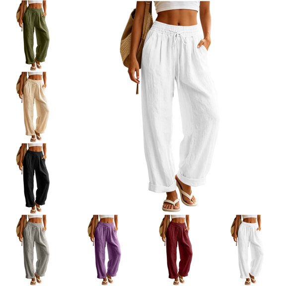 Levmjia Women's Summer Casual Linen Pants Solid Color Drawstring Waist Wide Leg Trousers with Pockets Loose Fit Pants for Beach Vacation Daily Wear