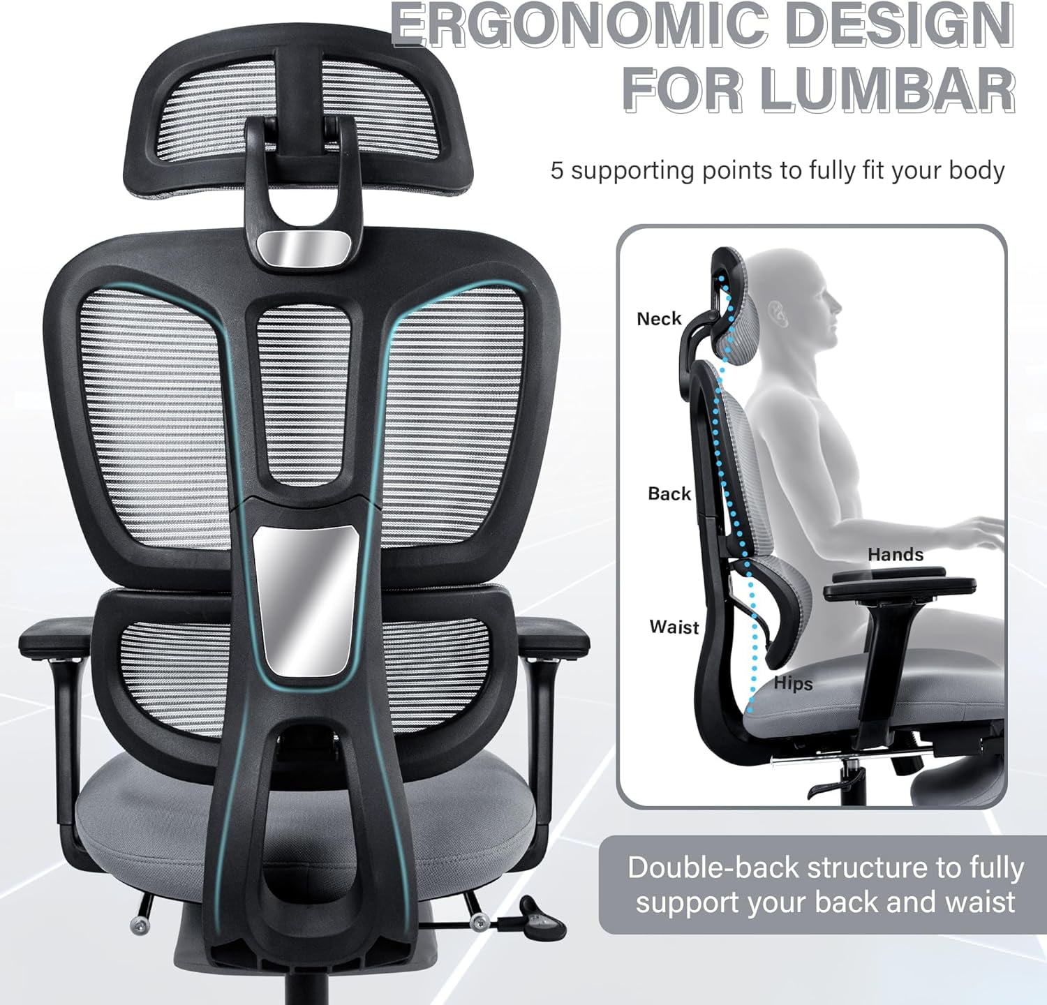 Ergonomic Office Chair with Foot Rest, High Back Computer Office Chair with Dynamic Lumbar Support, 2D Headrest, 4D Armrest, Sponge Seat, Mesh Home Office Desk Chair for Adults, Black