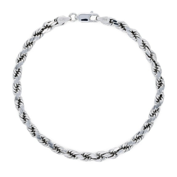 Nuragold 10k White Gold 4mm Rope Chain Diamond Cut Bracelet (7"-9") Italian Jewelry for Men & Women