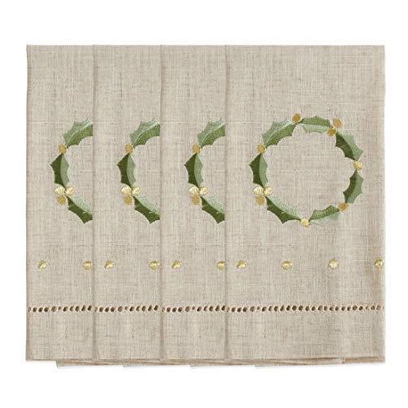 Fennco Styles Embroidered and Hemstitched Design Wreath Linen-Poly Guest Towels 14 x 22 Inch, Set of 4