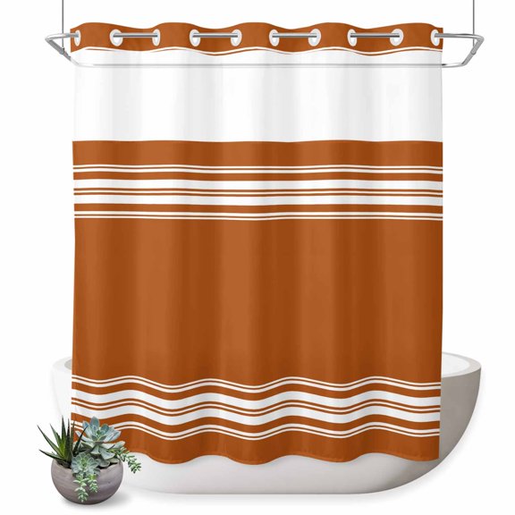 No Hook Shower Curtain, Vintage Orange Striped Shower Curtains for Bathroom with See Through Top Window, Farmhouse White Stripes Aesthetics Waterproof & Washable Bath Curtain 66"x72"