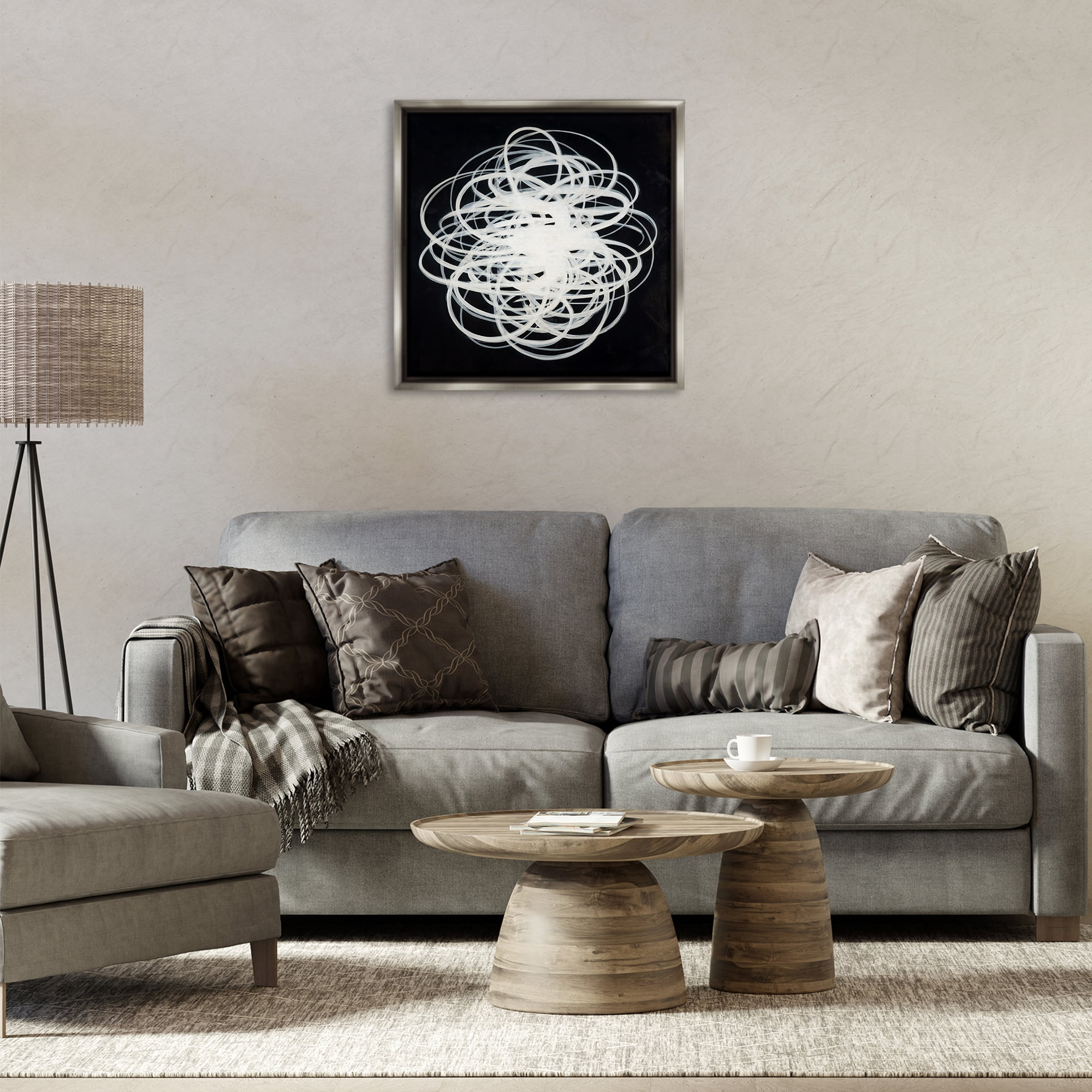Stupell Industries Chaotic Scribble on Black Abstract Painting Gray Floater Framed Canvas Art Print Wall Art, 25 x 25