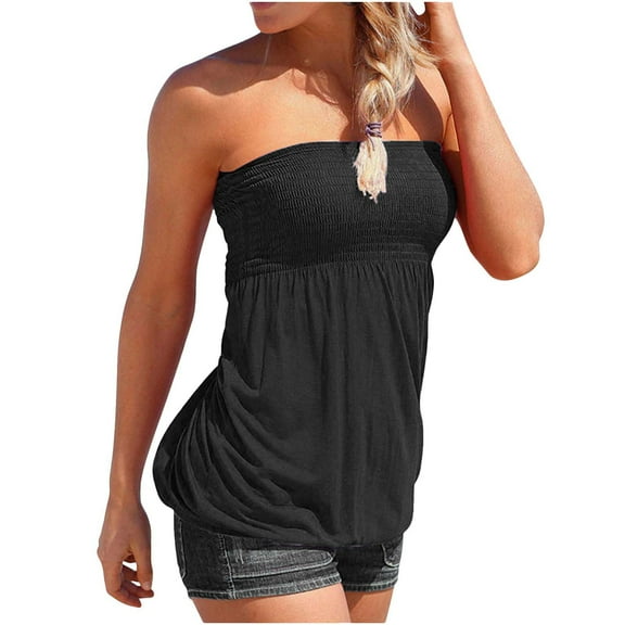 USSUMA T-Shirts for Women Trendy,Women Pleated Tube Top Shirt Strapless Blouse Tunic Summer Casual Tanks Camis Tops