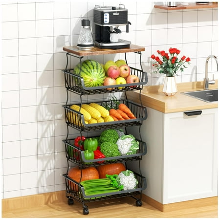 Gsiekare Fruit Vegetable Basket for Kitchen, 5 Tier Stackable Fruit Vegetable Storage Baskets with Wheels, Metal Wire Storage Basket Organizer Baskets for Kitchen, Pantry, Bathroom C101