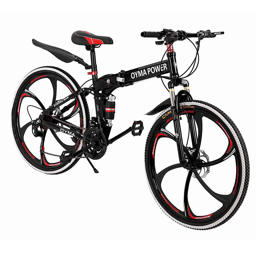 Black 24 Inch Wheels Dual Disc Brakes Full Suspension Streamline Frame MTB Bike High Carbon Steel Folding Outroad Bicycles Adult Folding Mountain Bikes Folded Within 15 Seconds 