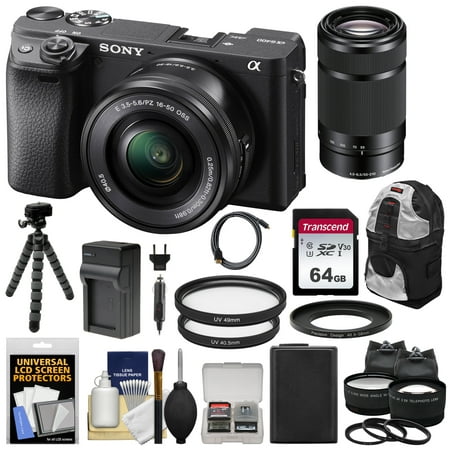 Sony Alpha A6400 4K Wi-Fi Digital Camera + 16-50mm + 55-210mm Lenses with 64GB Card + Backpack + Battery + Charger + Tripod + 2 Lens (Best 4k Camera Under 500)