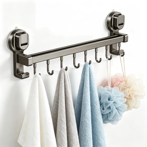 Suction Cup Kitchen Utensil Holder Organizer with 8 Hooks, 15.7 inch No Drill Wall Storage Rack, Grey