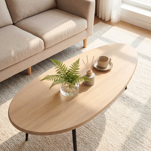 ELLEGNT Oval Coffee Table,Mid-Century Modern Center Table with Sturdy Metal Frame, Compact Retro Sofa Table for Living Room