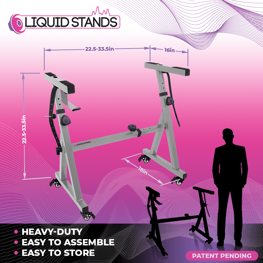 Liquid Stands Piano Keyboard Stand W/ Wheels - Z Style Adjustable Metal Stand for 54-88 Key - Chrome