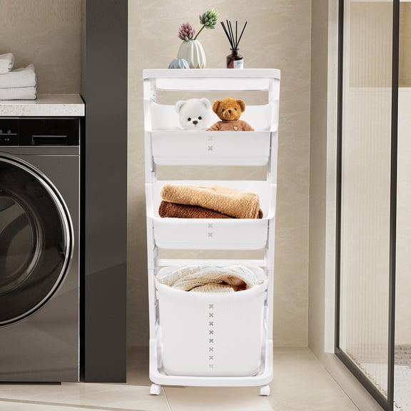 4-Layer Laundry Basket,PP Laundry Basket Vertical Laundry Sorter with Wheel,Rolling Storage Holder Cart for Laundry Rooms, Bathrooms, Toilets (White)